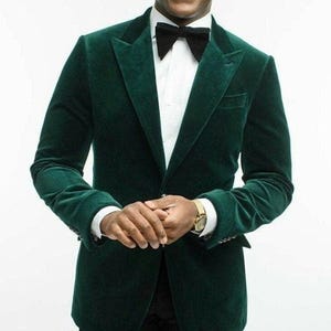Green Men&#39;s Tailored Fit Single Breasted One-button Velvet Formal Blazer Jacket Best Gift for Men, Best Christmas Gift, Gift For Him.