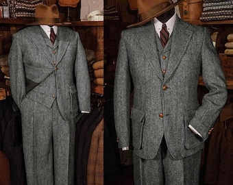 Vintage Grey Herringbone Tweed 3-Piece Suit – 1920s Heritage Menswear
