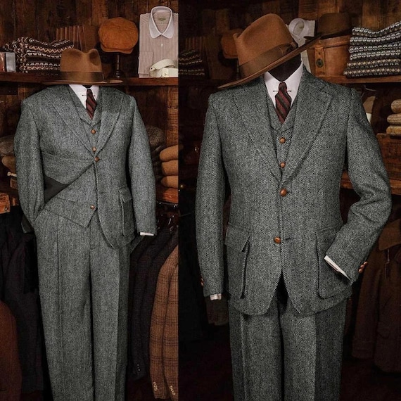 Vintage Grey Herringbone Tweed 3-Piece Suit – 1920s Heritage Menswear