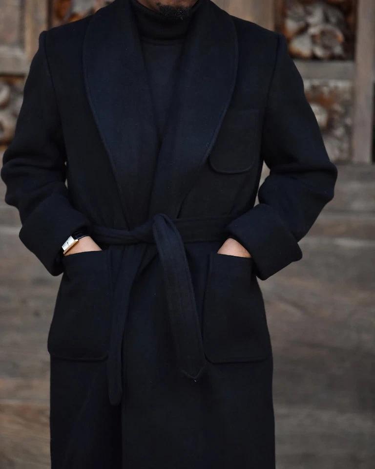 Solid Black Winter Wool Tweed Coat for Men's Thick Overcoat Warm
