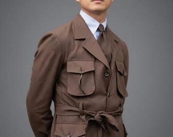 Vintage Safari Jacket Mens – Belted Utility Field Coat, Brown Cotton Blend