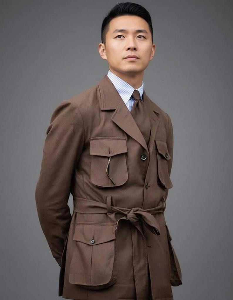 May include: A brown safari jacket with multiple pockets and a matching tie. The jacket has a belted waist and is worn over a striped shirt. The outfit is a classic style, suitable for a variety of occasions.