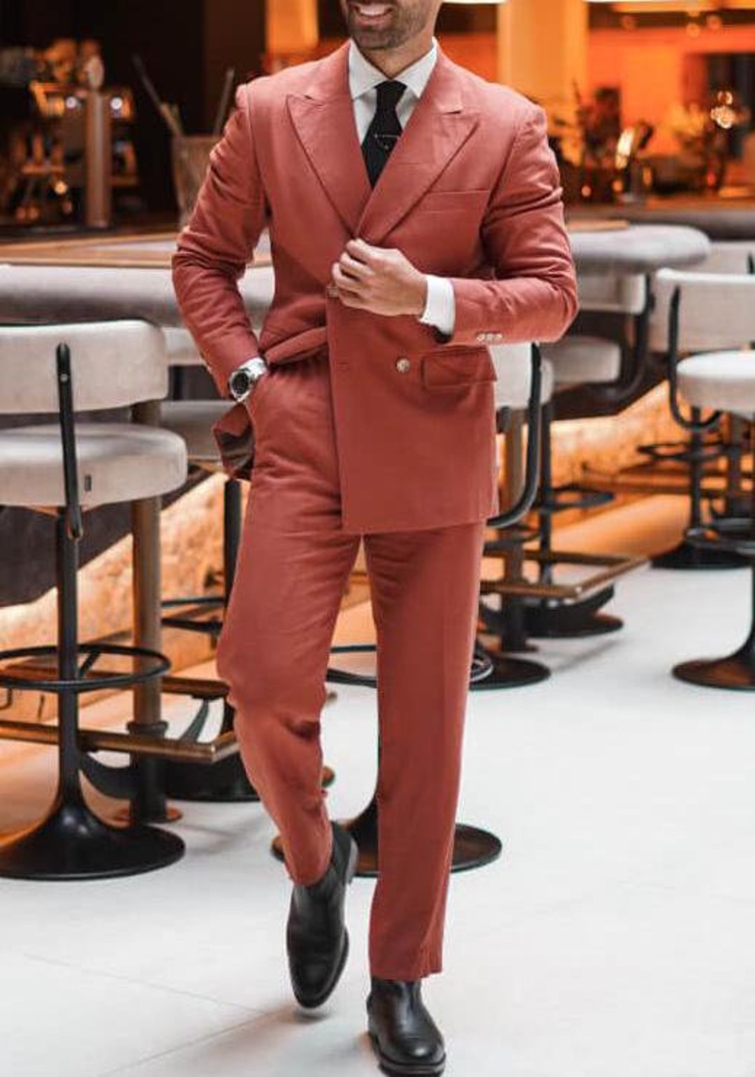 Elegant Terracotta Linen Double-breasted Suit, Lightweight and