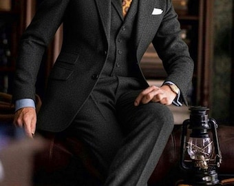 1930s Vintage Three-piece Suit for Men | Tailored Black Tweed