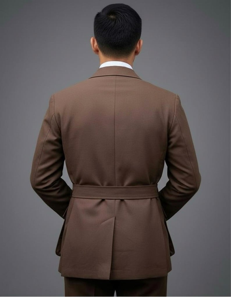 May include: A brown suit jacket with a matching belt, viewed from the back. The jacket has a tailored fit, with a single vent in the back. The person is wearing a white collared shirt underneath the jacket.