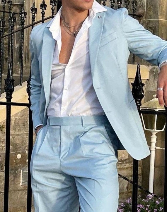 Men's Light Blue Two Piece Suit, Wedding Groom Wear