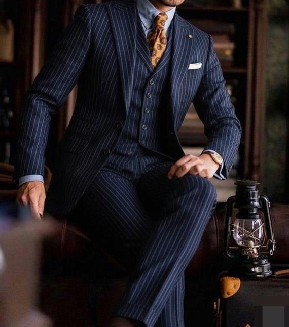 Premium 1920s Blue Pin Stripe 3 Piece Suit, Custom Tailored Formal 