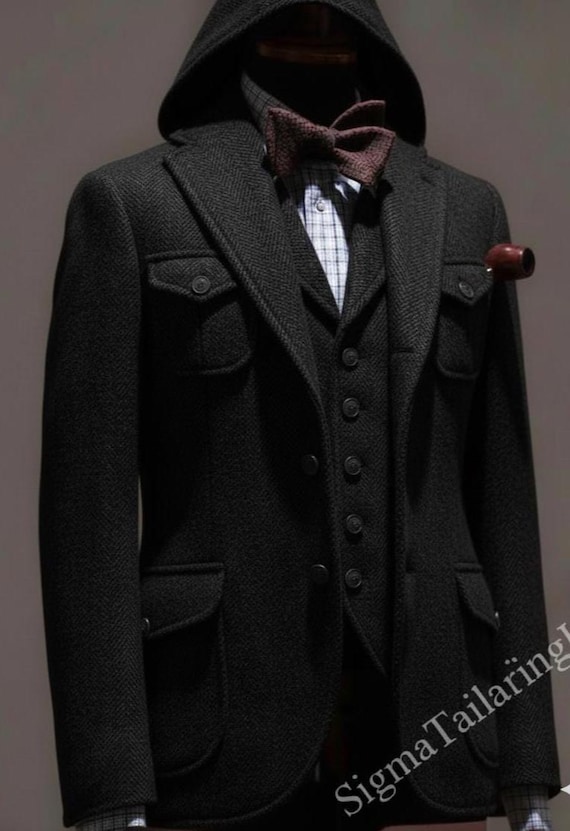 Vintage Black Herringbone Tweed Safari Jacket – 3 Piece Heritage Menswear