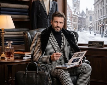Herenjas van pied-de-poule tweed, vintage lange winterjas uit de jaren 1920, getailleerd driedelig pak met bontkraag, heren trenchcoat in Peaky Blinders-stijl