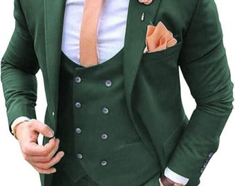 メンズダークグリーンスーツ：スリーピースウェディングプロム