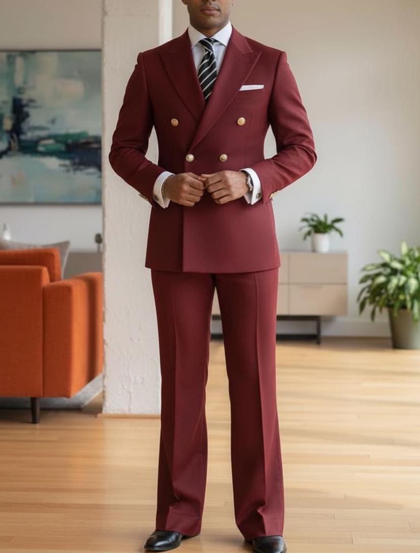 メンズ ブラック ダブルブレスト 70 年代 ワイドレッグ スーツ、結婚式