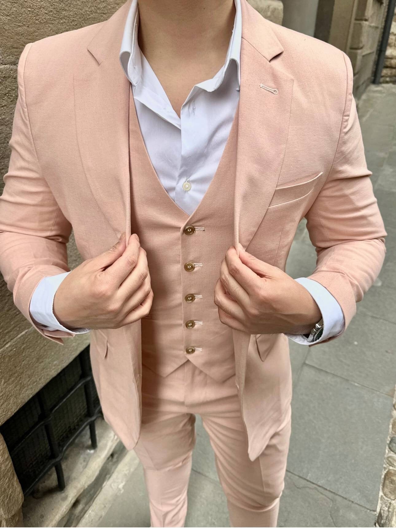 Men's 3 Piece Peach Linen Suit, Classy Light Fabric, Ideal for Weddings, Fashionable Gift for Him, Perfect for Formal Events