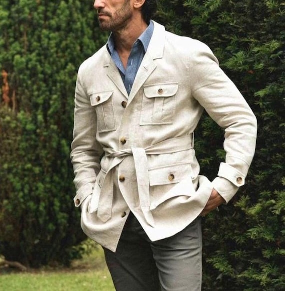 Men's Vintage off White Safari Jacket, Oversized Travel Cargo