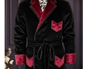 Men's Black Velvet Smocking Jacket, New Design Robe