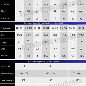 May include: A size chart for jackets, waist sizes, and trousers, with measurements in inches. Includes shoulder, chest, stomach, hip, thigh, knee, and bottom measurements. Also shows coat length, sleeve, pant outseam, and inseam length.