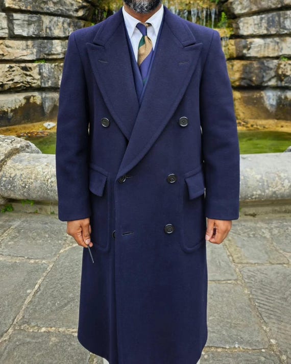 Men's Blue Winter Warm Wool Coat Wide Peak Lapel Double Breasted