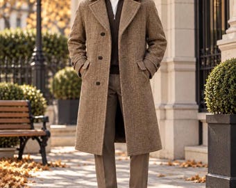 80s Herringbone Coat, Vintage Wool Coat Men, Black and White Men