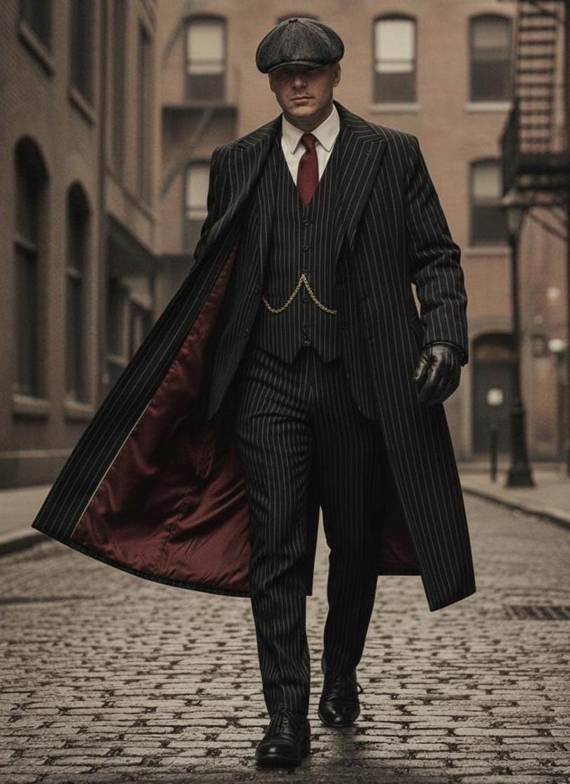 メンズ 1920年代スタイルスーツ：ブラックストライプ、ピーキー