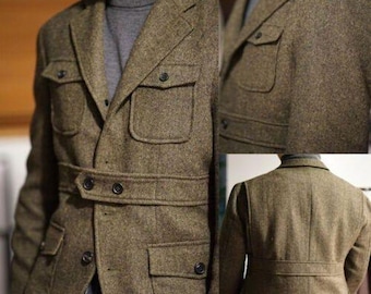 Men's British safari jackets hunting Coat With Patch Pockets and a Belt, Cargo Jacket, Travel Jacket For Men, Perfect Gift.