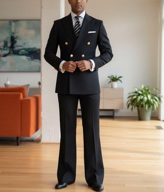 Men's Black Double Breasted 70's Wide Leg Suit, Suit for Wedding