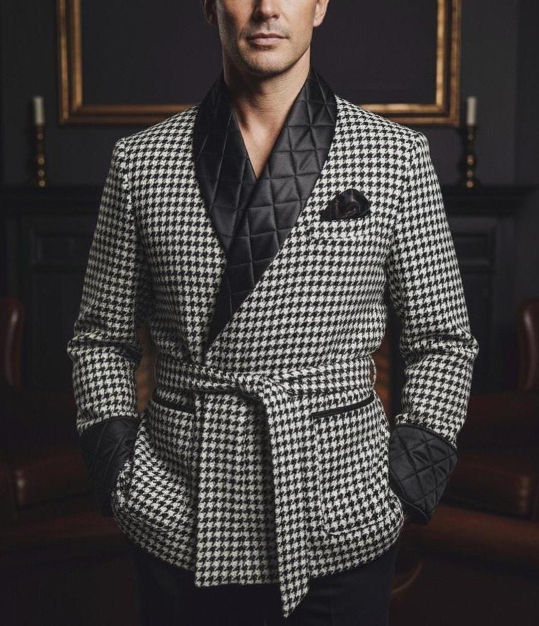 Luxury Houndstooth Quilted Shawl Collar Smoking Jacket for Men ...