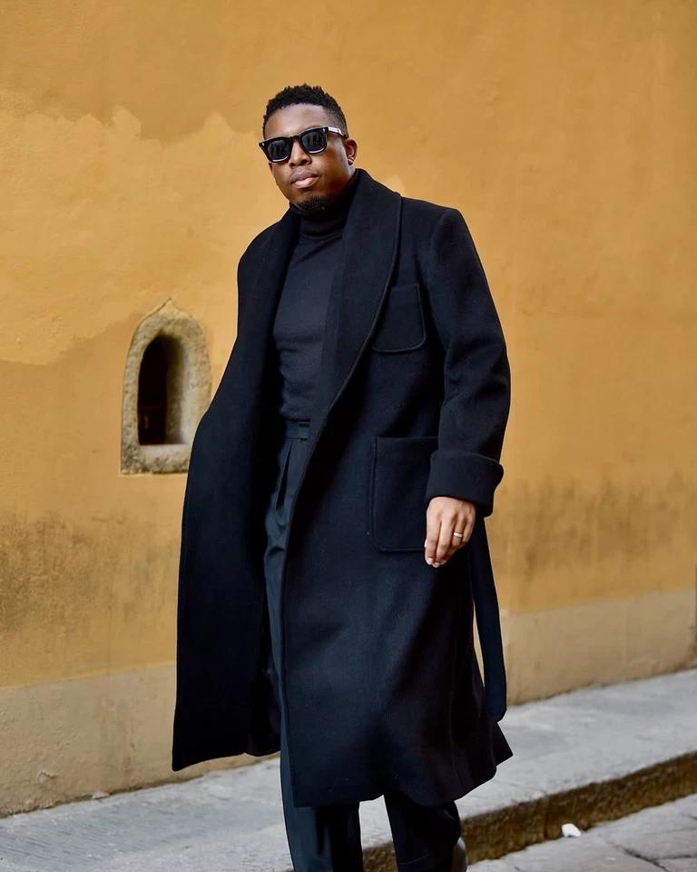 Solid Black Winter Wool Tweed Coat for Men's Thick Overcoat Warm