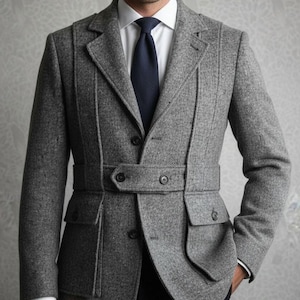 Chaqueta safari de tweed vintage de los años 20 para hombre con cinturón: blazer formal de negocios y abrigo de campo inspirado en la caza.