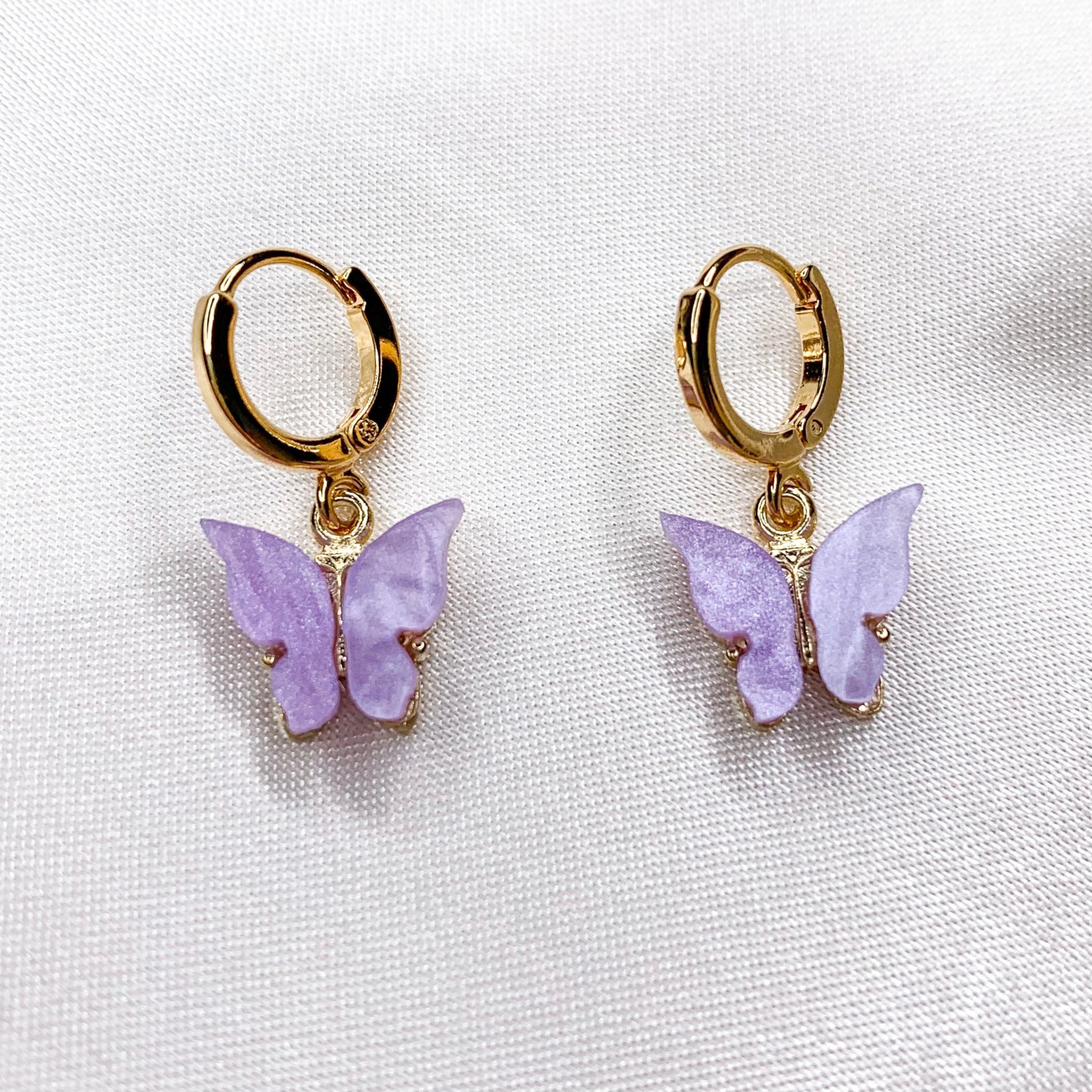 Lilac Purple Butterfly Earrings 16k Gold Plated Small Etsy