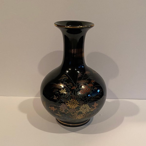 Vintage Yamaji Japanese Porcelain Vase - Black with Colorful Flowers & Gold Trim- Beautiful Vase in Excellent Condition