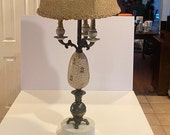 Antique or Vintage Ornate Leviton Hand Painted Glass Table or Floor Lamp with Brass and Marble Base with Original Shade - Still Works