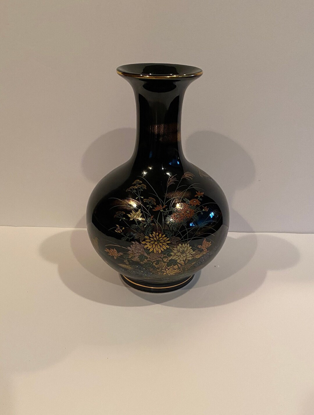Vintage Yamaji Japanese Porcelain Vase Black With Colorful Flowers