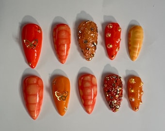 Medium Rounded Stiletto Orange Dreamsicle Butterfly Bling Press-on nails Size: Medium