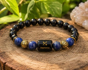 Sagittarius Zodiac Bracelet, Sagittarius Jewelry, Astrology Bracelet, Lapis Lazuli Bracelet, Black Obsidian Bracelet, Zodiac Gift