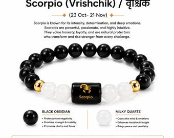 Scorpio (Vrishchik Rashi) Bracelet, Scorpio Zodiac Bracelet, Black Obsidian Milky Quartz Bracelet, Crystal Astrology Gift for Men Women