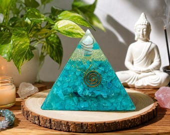 Aquamarine Orgone Pyramid 3 Inch, Aquamarine Crystal Pyramid, Copper Spiral Crystal Decor, Reiki Meditation Decor, Spiritual Home Decor