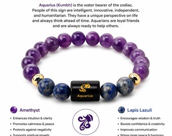 Aquarius (Kumbh Rashi) Bracelet, Aquarius Zodiac Bracelet, Amethyst Lapis Lazuli Bracelet, Crystal Astrology Gift for Men Women