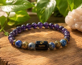 Aquarius Zodiac Bracelet, Aquarius Jewelry, Astrology Bracelet, Amethyst Bracelet, Lapis Lazuli Bracelet, Zodiac Gift, Crystal Jewelry