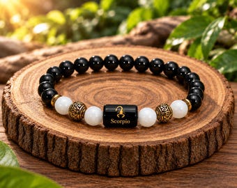 Scorpio Zodiac Bracelet, Black Beaded Bracelet, 8mm Gemstone Bracelet, Unisex Astrology Jewelr