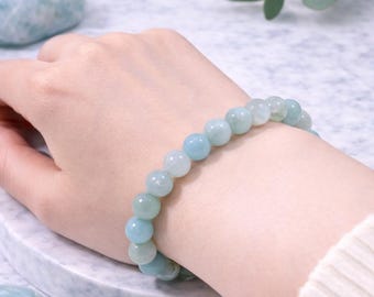 Natural Aquamarine Beaded Bracelet, Calm Clarity Crystal Healing Jewelry