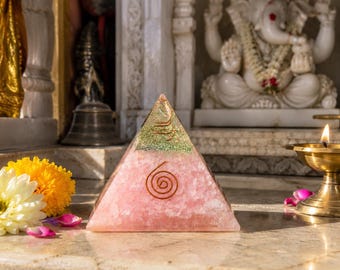 Rose Quartz Orgone Pyramid 3 Inch, Crystal Pyramid with Copper Spiral, Reiki Meditation Decor, Healing Crystal Home Decor