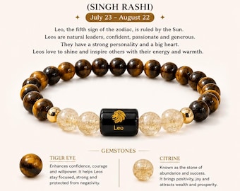 Leo (Singh Rashi) Bracelet, Tiger Eye Citrine Bracelet, Leo Zodiac Bracelet, Crystal Astrology Gift for Men & Women, Horoscope Jewelry