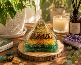 Tiger Eye Citrine Jade Orgone Pyramid 3 Inch, Crystal Pyramid with Copper Spiral, Reiki Meditation Decor, Spiritual Home Altar