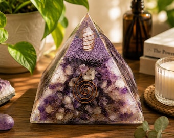 Amethyst Orgone Pyramid 3 Inch, Amethyst Crystal Pyramid with Copper Spiral, Reiki Meditation Decor, Spiritual Altar Home Decor