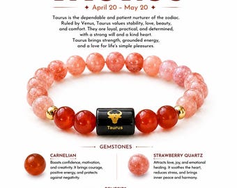 Taurus Zodiac Bracelet, Carnelian Strawberry Quartz Bracelet, Taurus Crystal Bracelet, Zodiac Gift for Men Women, Astrology Jewelry