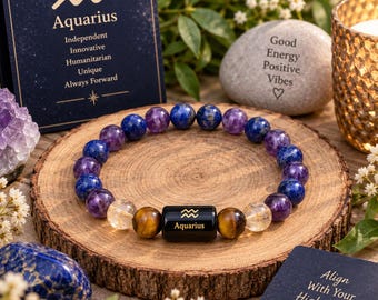 Aquarius Zodiac Bracelet, Aquarius Gemstone Bracelet, Aquarius Jewelry, Zodiac Jewelry, Astrology Bracelet, Purple Blue Beaded Bracelet,