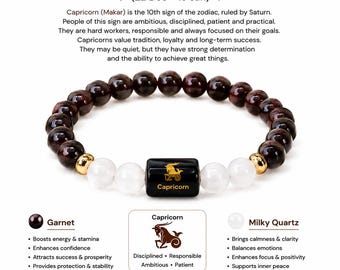 Capricorn (Makar Rashi) Bracelet, Capricorn Zodiac Bracelet, Garnet Milky Quartz Bracelet, Crystal Astrology Gift for Men Women