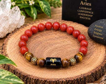 Aries Zodiac Bracelet, Aries Gemstone Bracelet, Red Beaded Bracelet, Aries Jewelry, Zodiac Jewelry, Tiger Eye Bracelet, Astrology Gift