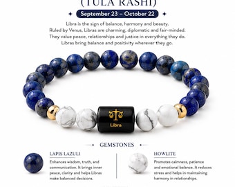 Libra (Tula) Rashi Bracelet, Libra Zodiac Bracelet, Lapis Lazuli Howlite Bracelet, Astrology Gift, Crystal Bracelet for Men Women