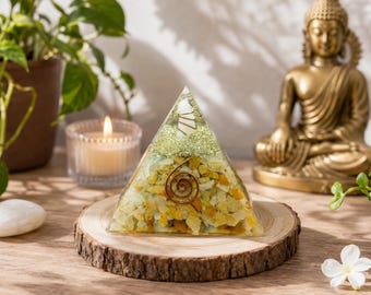 Citrine Orgone Pyramid 3 Inch, Citrine Crystal Pyramid with Copper Spiral, Reiki Meditation Decor, Spiritual Home Altar Deco