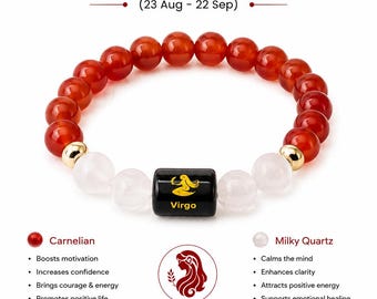 Virgo (Kanya Rashi) Bracelet, Virgo Zodiac Bracelet, Carnelian Milky Quartz Bracelet, Crystal Astrology Gift for Men Women